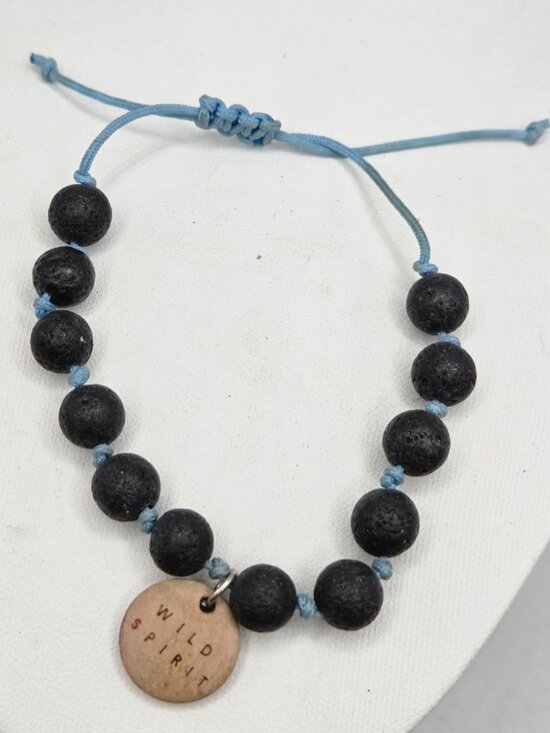 Handmade Adjustable Lava Stone Beaded Bracelet With "Wild Spirit" Pendant On Blu - Picture 1 of 2